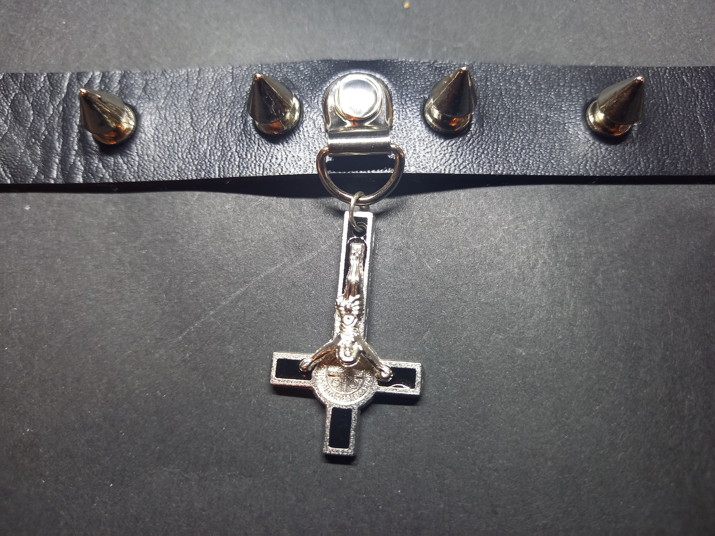 Goth Gothic Witchy fashion Occult satanic Pagan Wicca Black Faux Leather 10 spiked Collar with inverted crucifix
