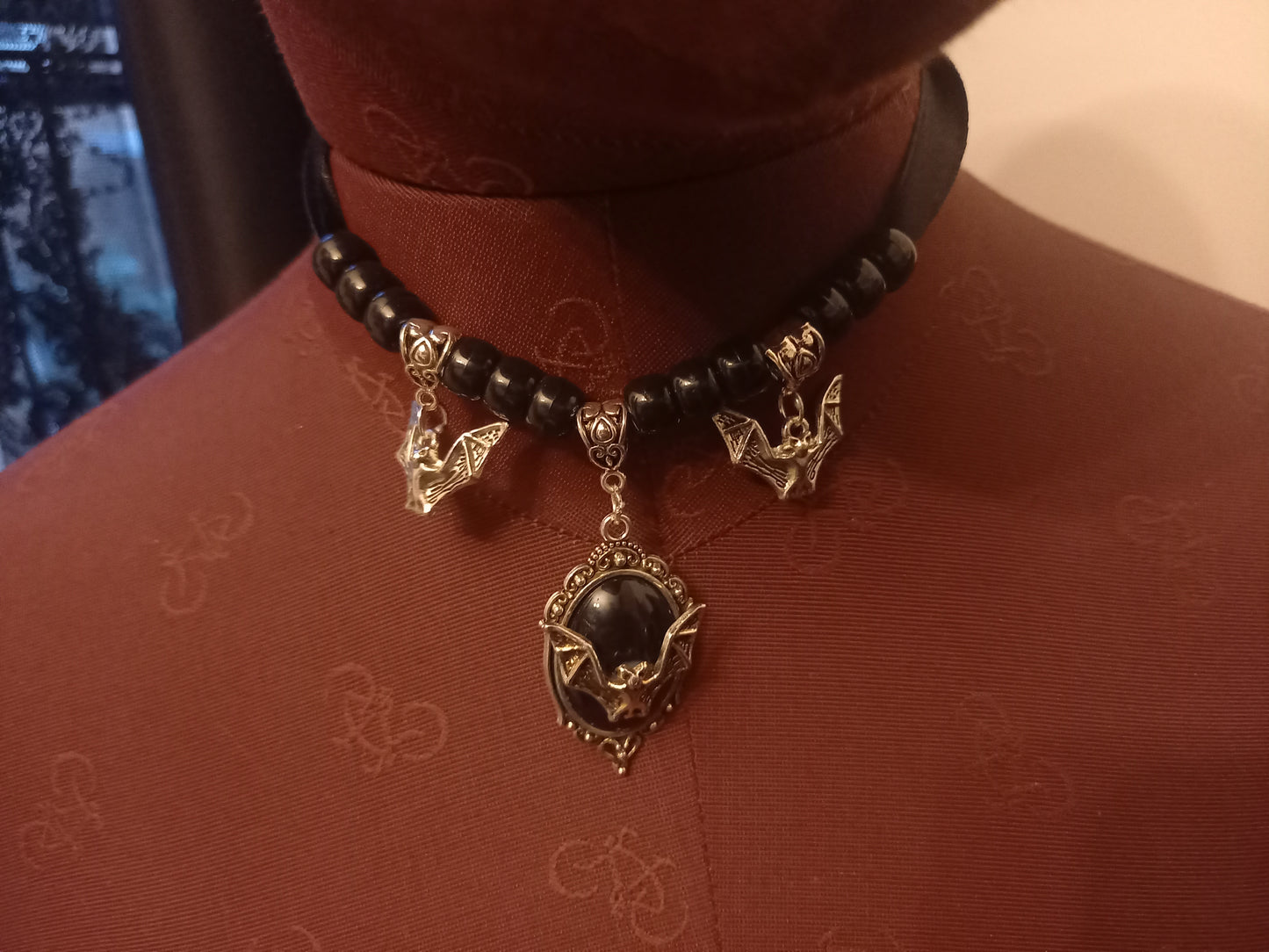 Goth Gothic Witchy vampire "Ornate open wing bat with matching bat charms and skull beads"on Black velvet Ribbon Choker
