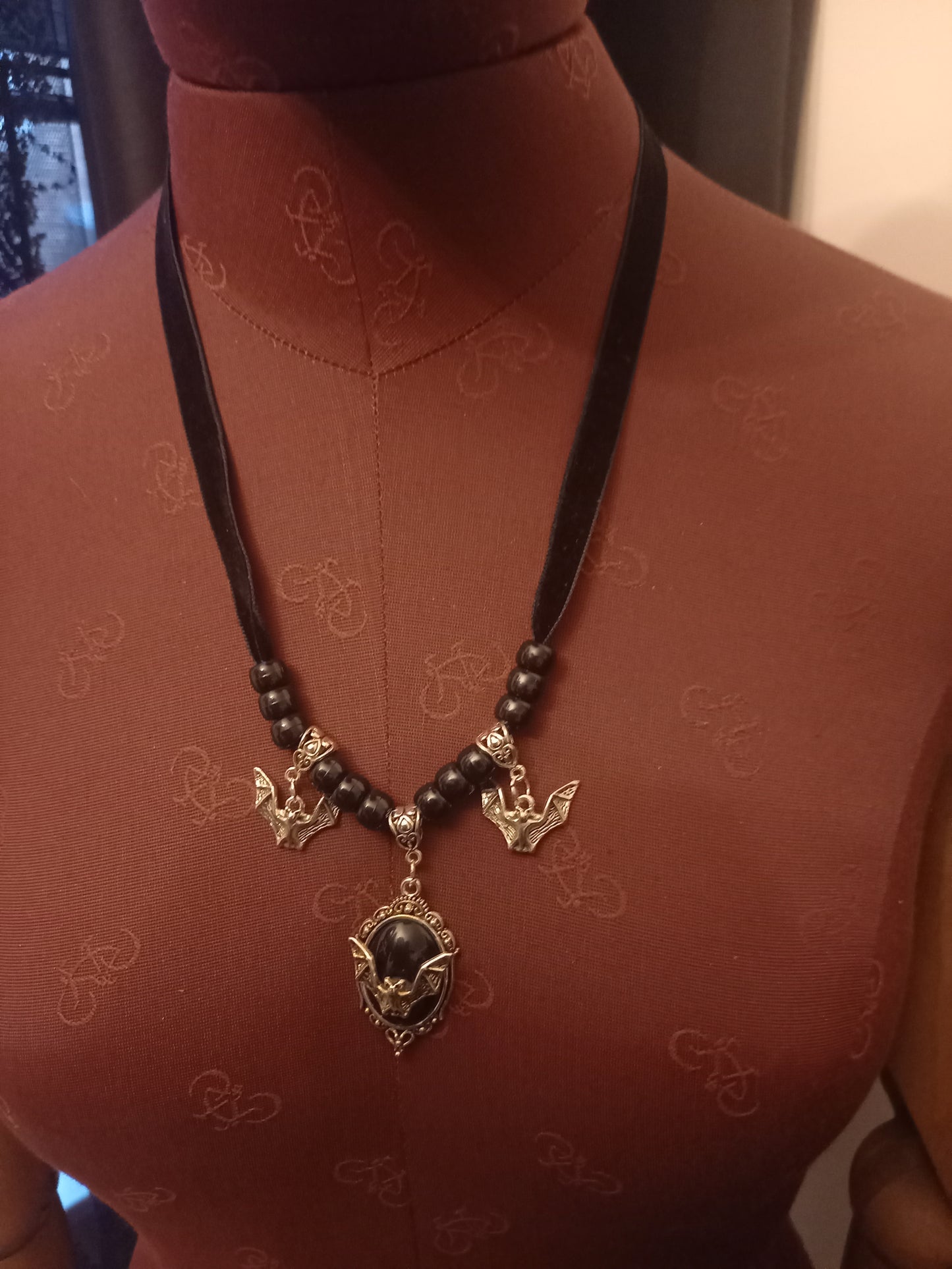 Goth Gothic Witchy vampire "Ornate open wing bat with matching bat charms and skull beads"on Black velvet Ribbon Choker