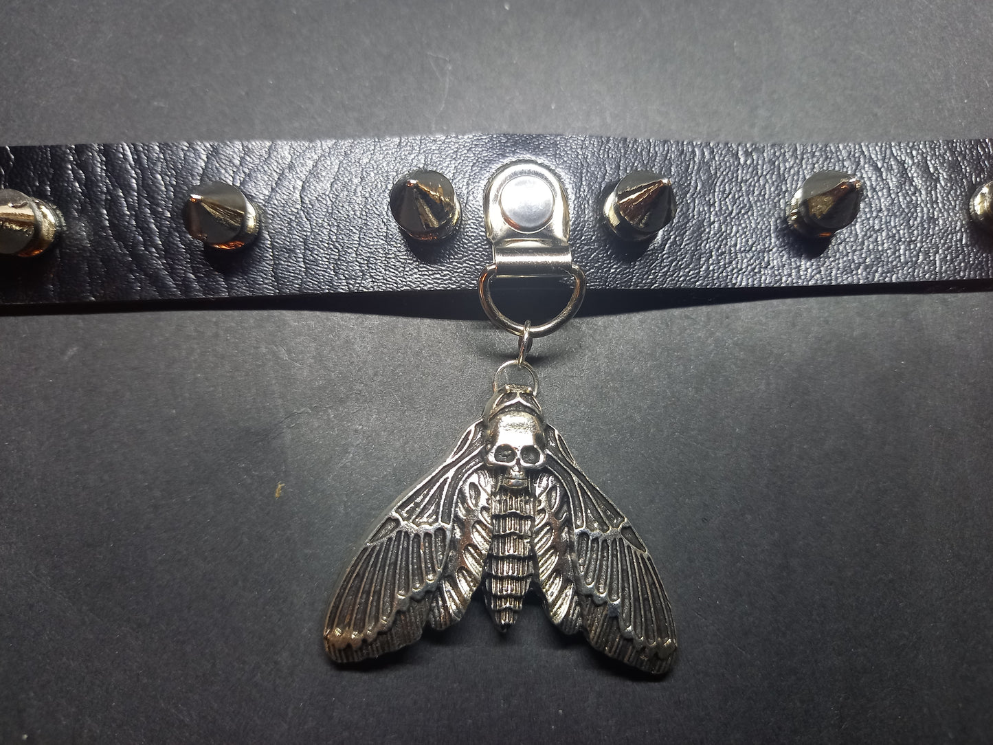 Kawaii Pastel Nu Goth Gothic Witchy witchcraft Occult Pagan Wicca Black Metal UNISEX Death Head Moth Black Faux Leather 10 Spiked Collar V2