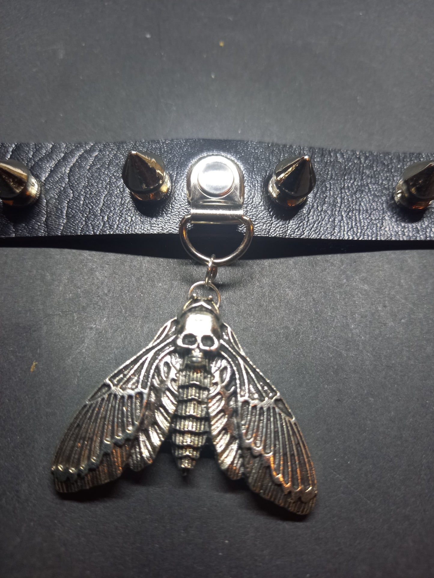Kawaii Pastel Nu Goth Gothic Witchy witchcraft Occult Pagan Wicca Black Metal UNISEX Death Head Moth Black Faux Leather 10 Spiked Collar V2