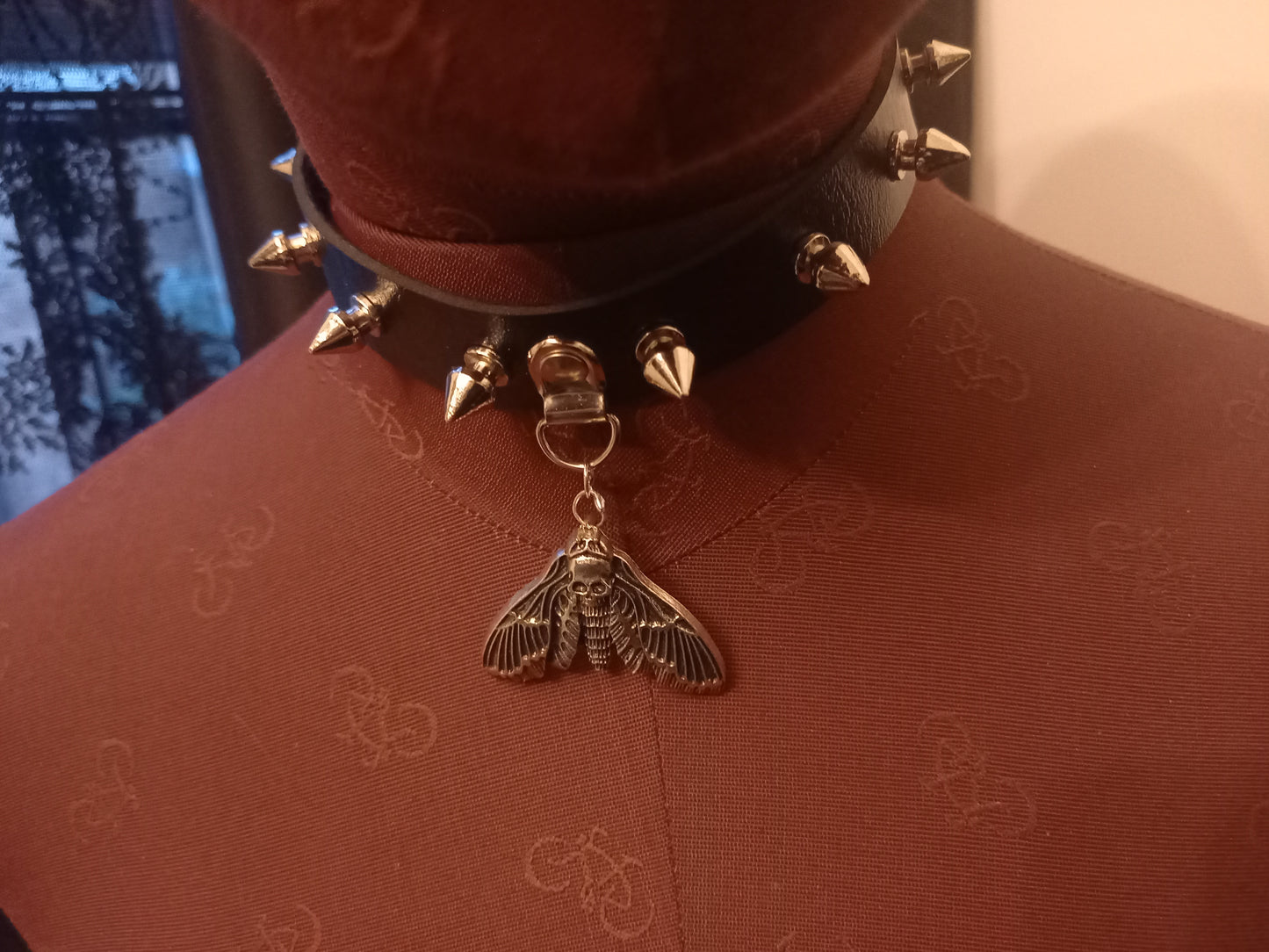 Kawaii Pastel Nu Goth Gothic Witchy witchcraft Occult Pagan Wicca Black Metal UNISEX Death Head Moth Black Faux Leather 10 Spiked Collar V2
