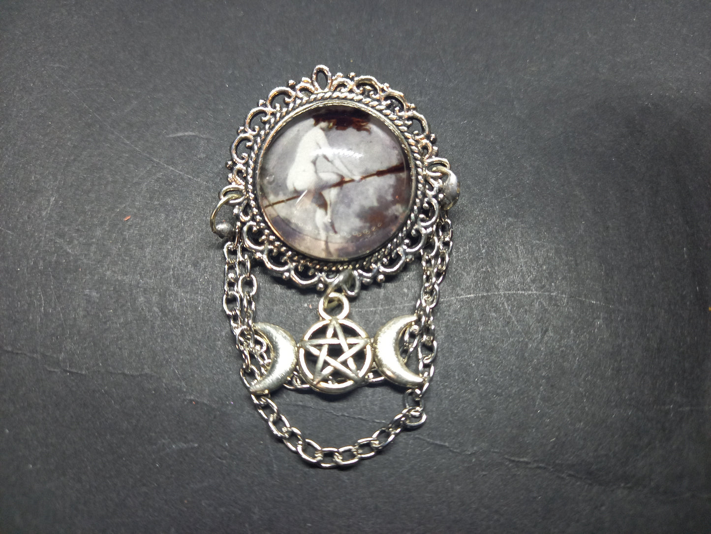 Oddity curiosity goth gothic witchy killstar magic magick occult "naked witch on broomstick" ornate broach with chains