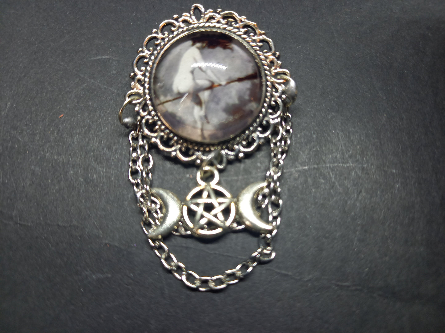 Oddity curiosity goth gothic witchy killstar magic magick occult "naked witch on broomstick" ornate broach with chains