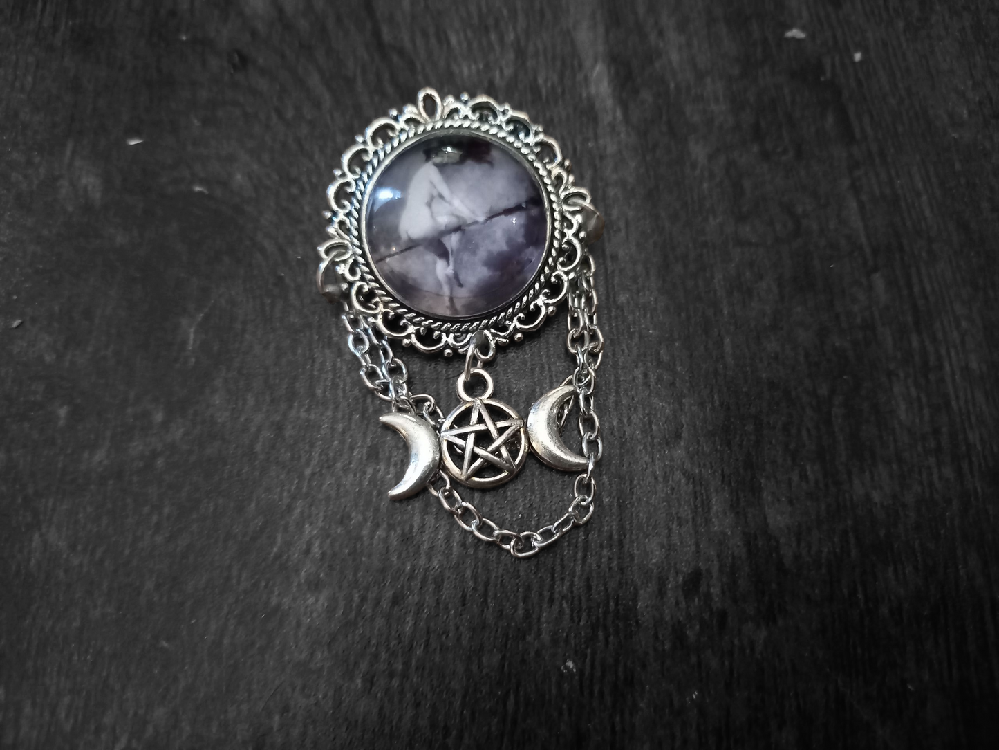 Oddity curiosity goth gothic witchy killstar magic magick occult "naked witch on broomstick" ornate broach with chains
