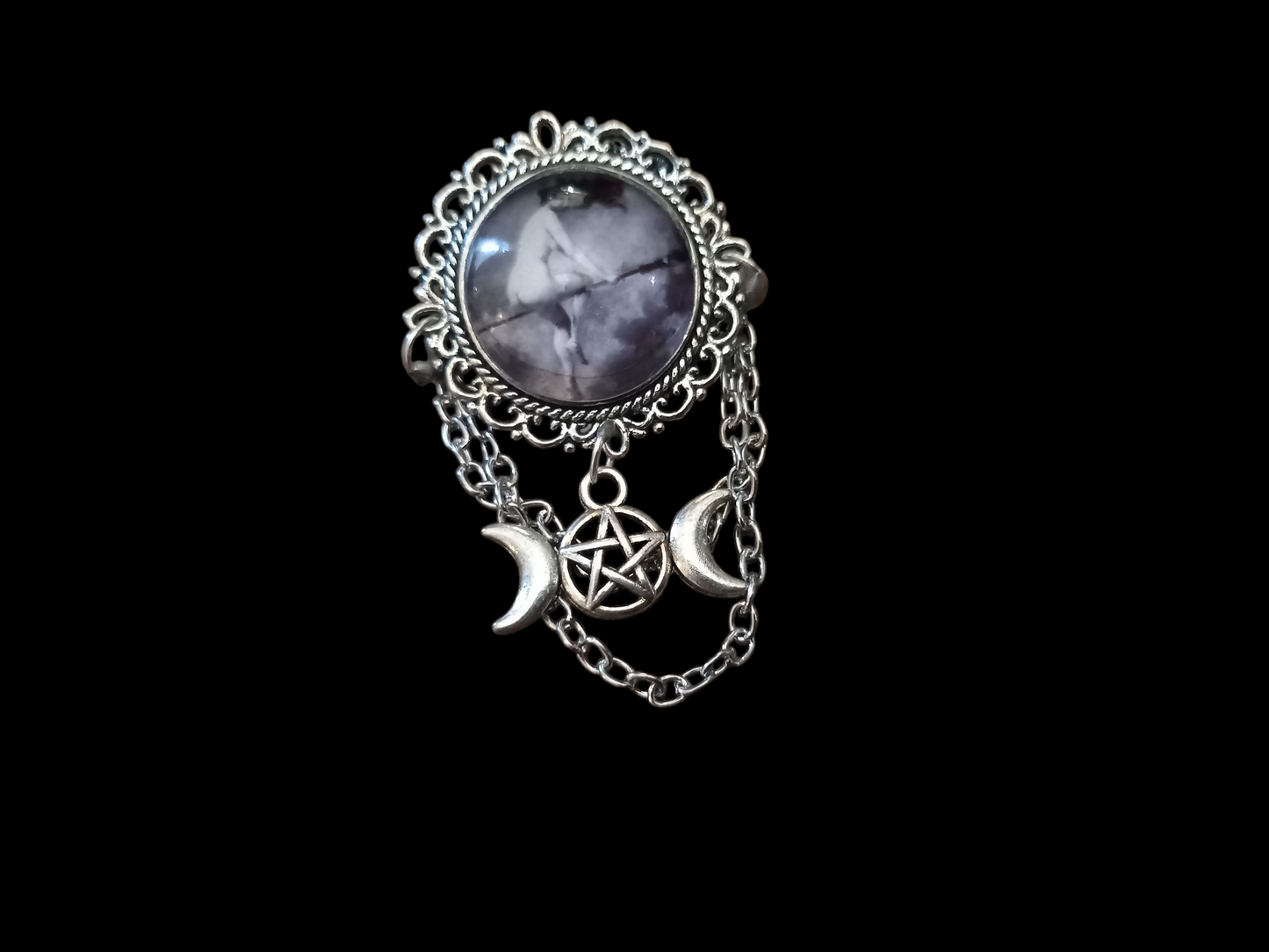 Oddity curiosity goth gothic witchy killstar magic magick occult "naked witch on broomstick" ornate broach with chains