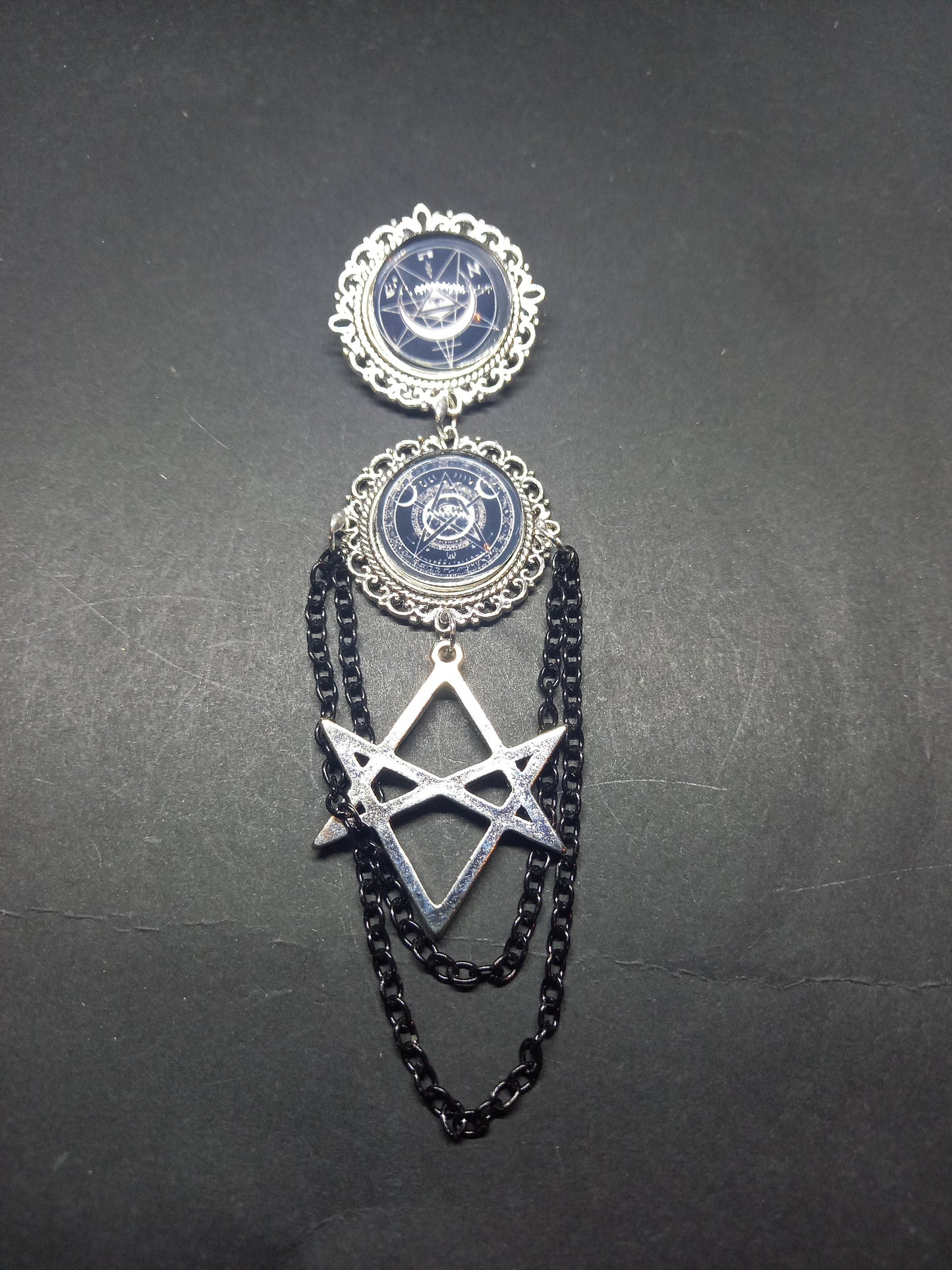 Goth Gothic Old School 1980's alternative " Nephilim inspired double image Ornate Brooch" with chains and unicursal hexagram