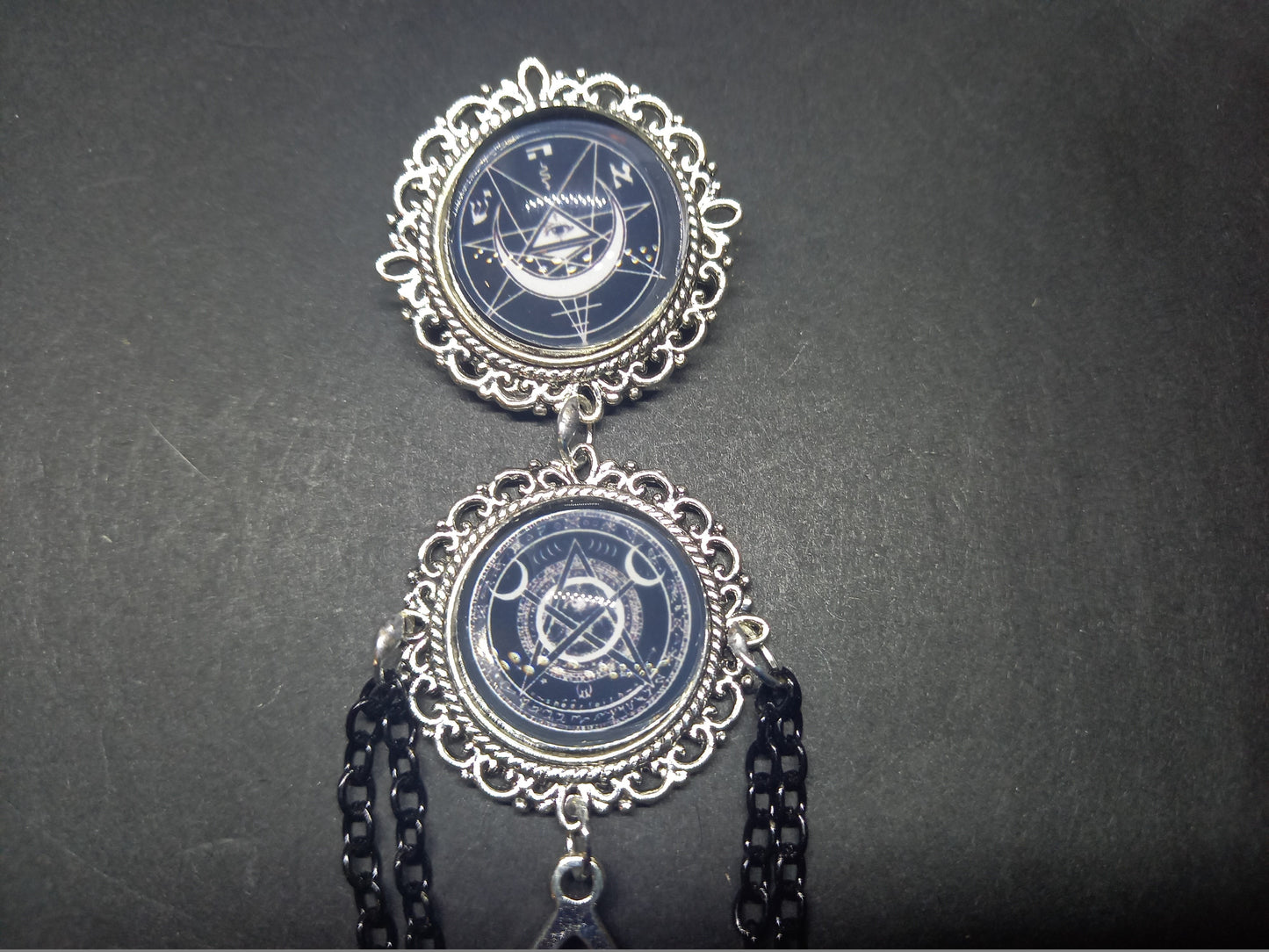 Goth Gothic Old School 1980's alternative " Nephilim inspired double image Ornate Brooch" with chains and unicursal hexagram
