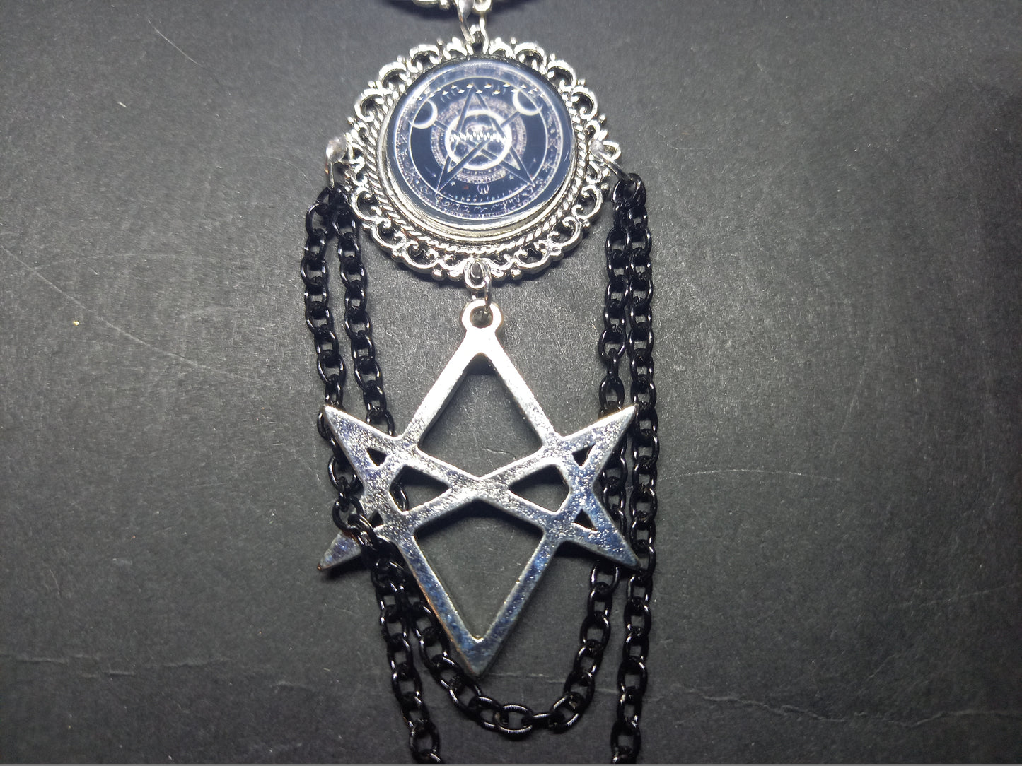 Goth Gothic Old School 1980's alternative " Nephilim inspired double image Ornate Brooch" with chains and unicursal hexagram