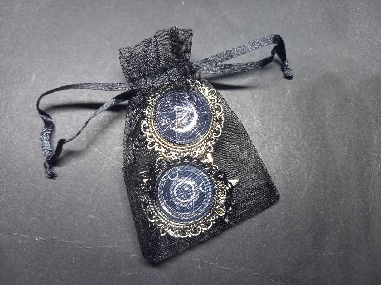 Goth Gothic Old School 1980's alternative " Nephilim inspired double image Ornate Brooch" with chains and unicursal hexagram