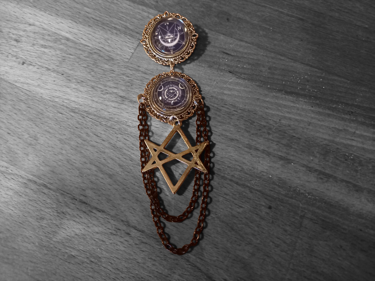 Goth Gothic Old School 1980's alternative " Nephilim inspired double image Ornate Brooch" with chains and unicursal hexagram