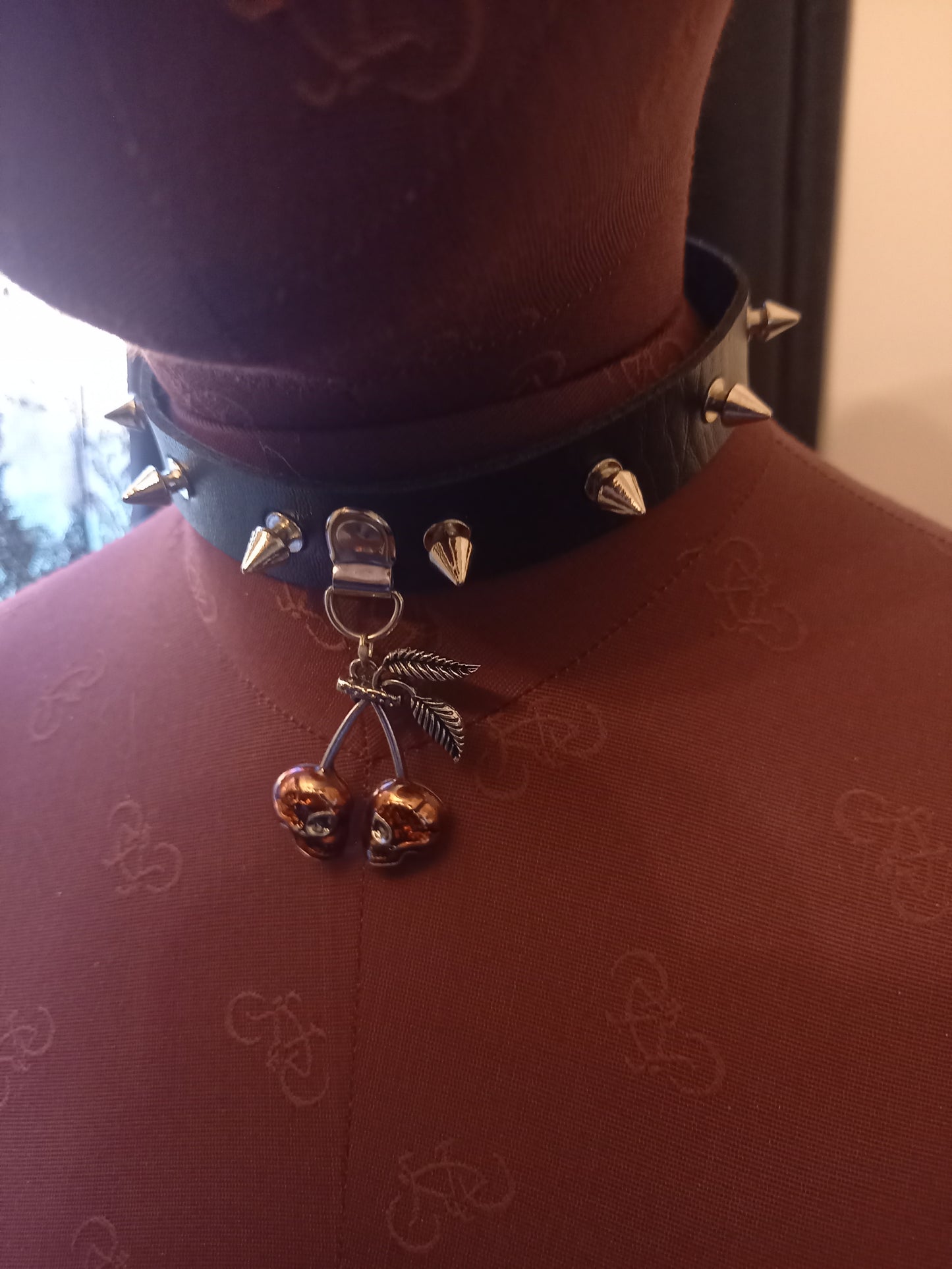 Kawaii Pastel Nu Goth Gothic Witchy witchcraft Occult Pagan Wicca Black Metal UNISEX skull cherry Black Faux Leather 10 Spiked Collar