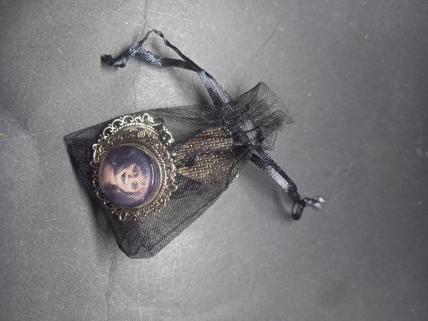 Oddity curiosity gothic witchy Killstar occult " Annabelle inspired double image Ornate Brooch "with spirit board and ouija planchette & chains