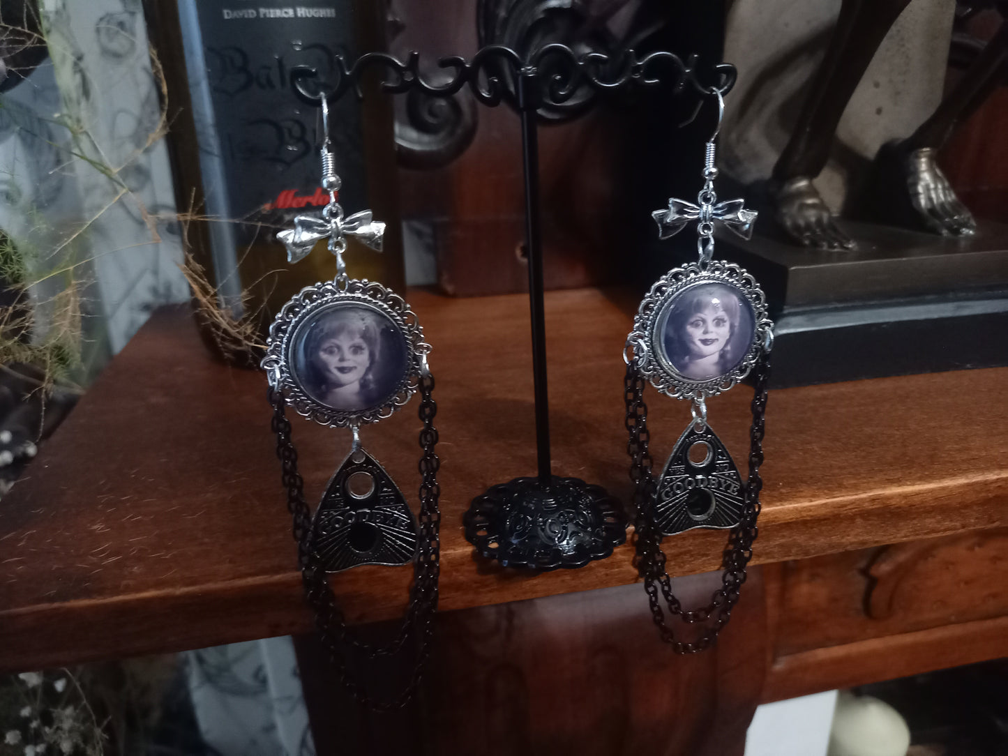 Oddity curiosity gothic witchy Killstar occult "Annabelle inspired Doll image" deluxe Ornate earrings "with Bow and ouija planchette & chains