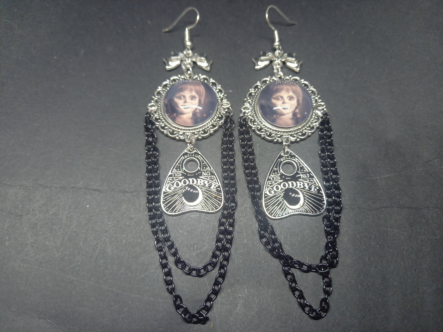 Oddity curiosity gothic witchy Killstar occult "Annabelle inspired Doll image" deluxe Ornate earrings "with Bow and ouija planchette & chains