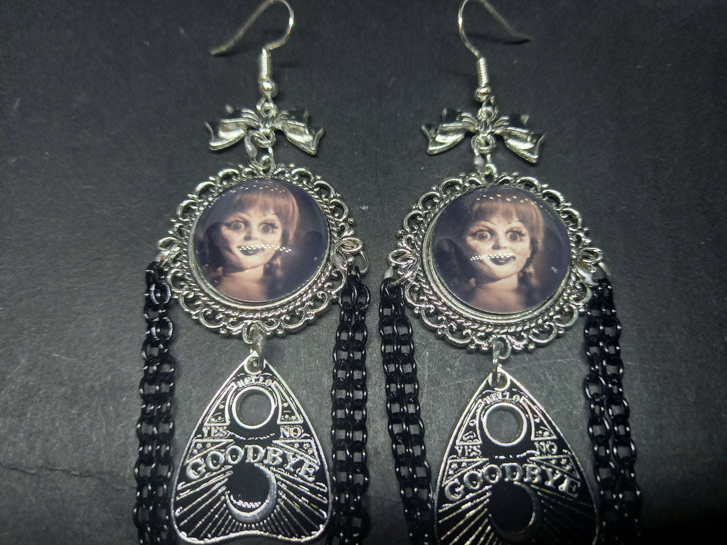 Oddity curiosity gothic witchy Killstar occult "Annabelle inspired Doll image" deluxe Ornate earrings "with Bow and ouija planchette & chains