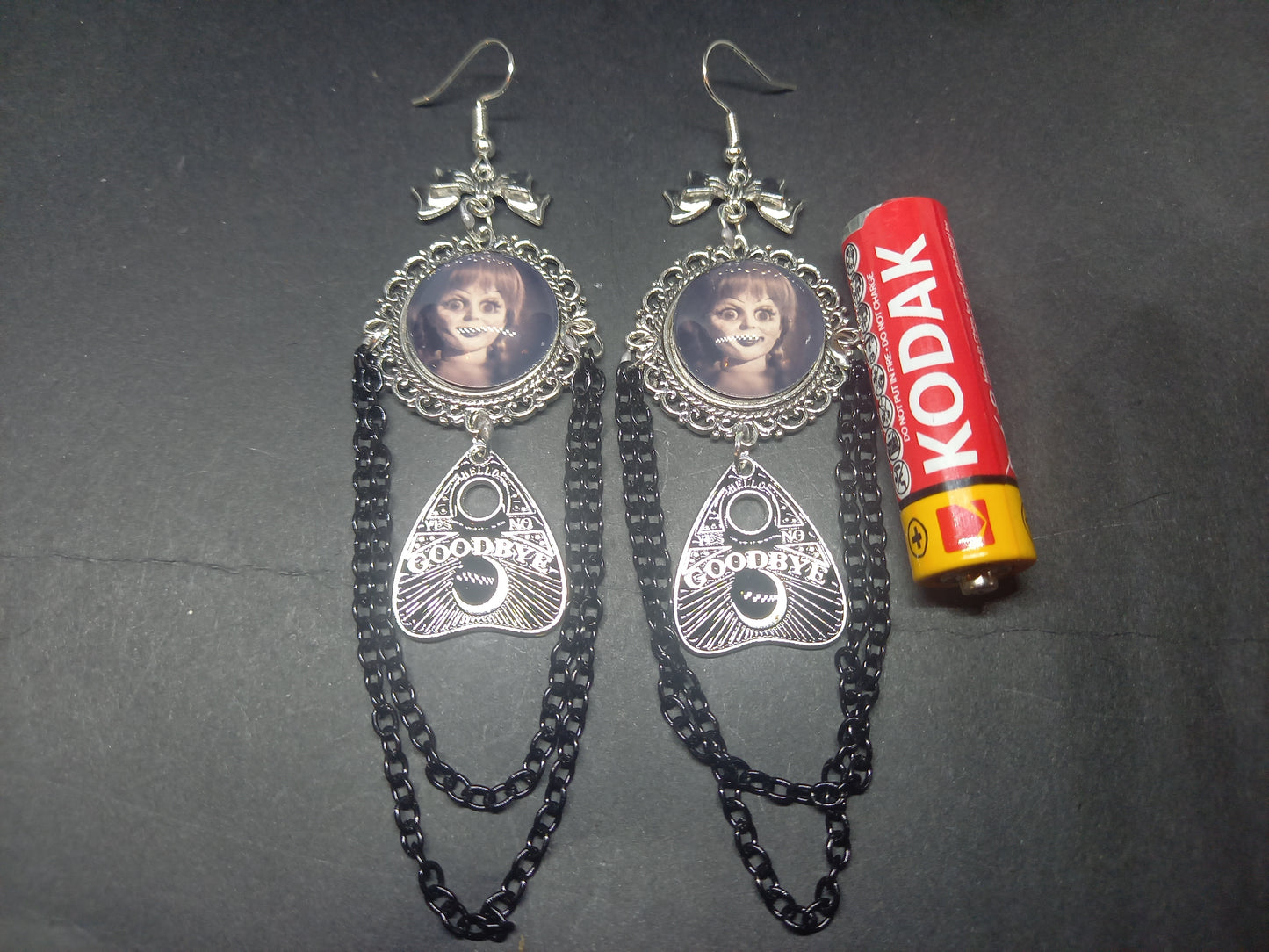 Oddity curiosity gothic witchy Killstar occult "Annabelle inspired Doll image" deluxe Ornate earrings "with Bow and ouija planchette & chains