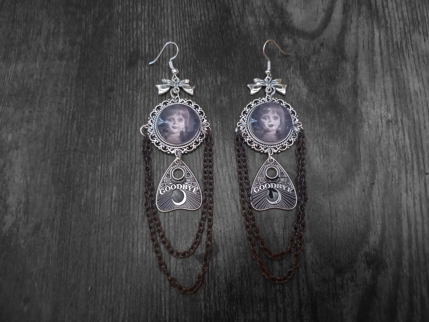 Oddity curiosity gothic witchy Killstar occult "Annabelle inspired Doll image" deluxe Ornate earrings "with Bow and ouija planchette & chains