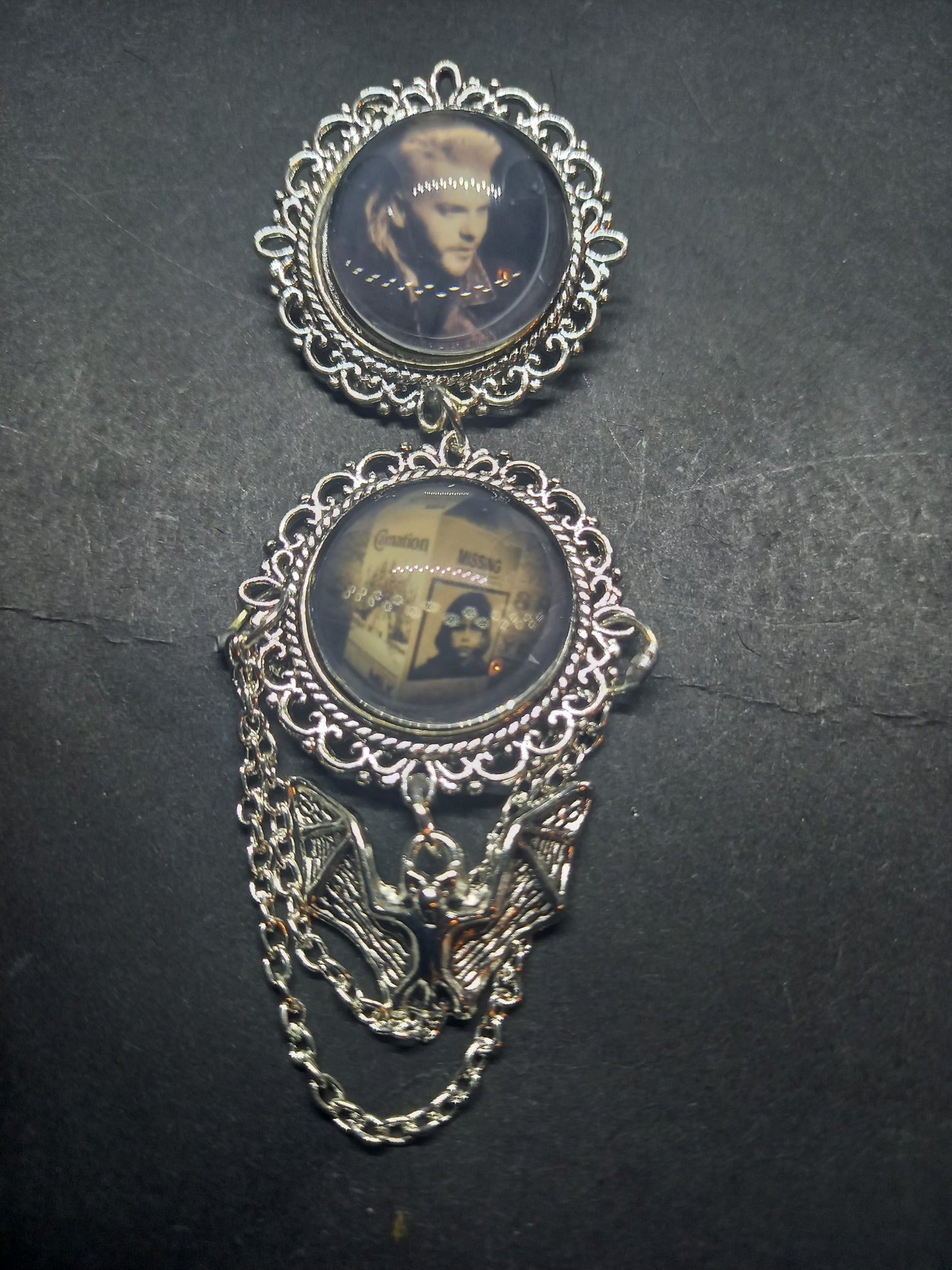 Oddity curiosity gothic witchy Killstar Horror Vampire "The lost Boys" double image ornate brooch with bat & chains