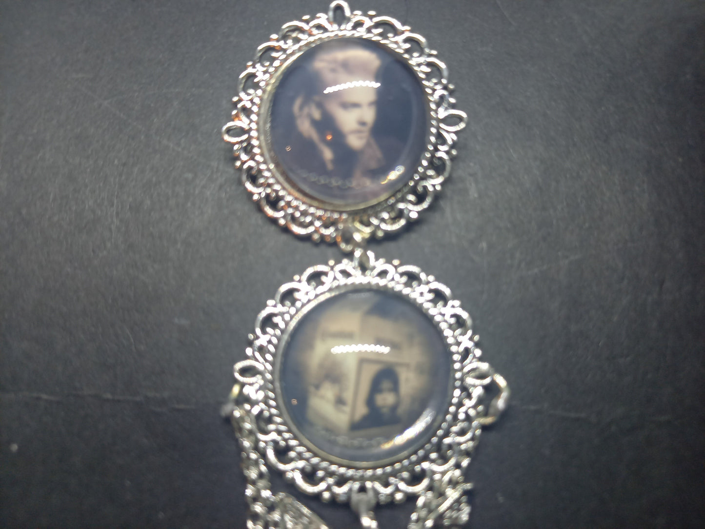 Oddity curiosity gothic witchy Killstar Horror Vampire "The lost Boys" double image ornate brooch with bat & chains