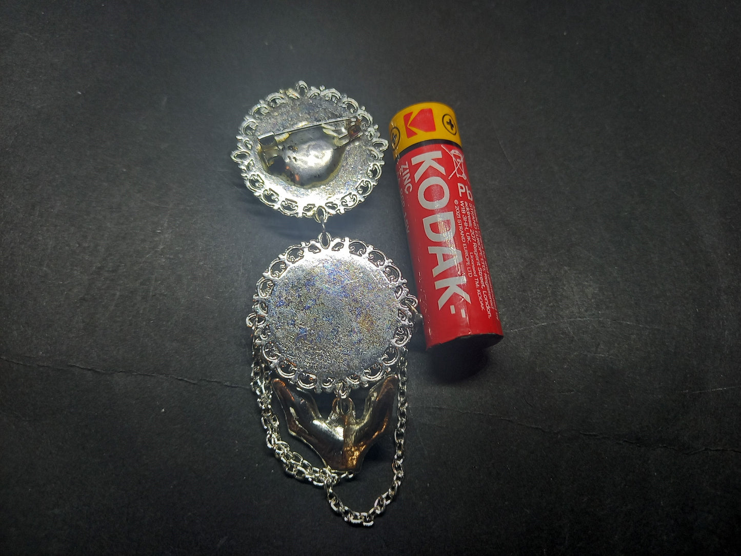 Oddity curiosity gothic witchy Killstar Horror Vampire "The lost Boys" double image ornate brooch with bat & chains