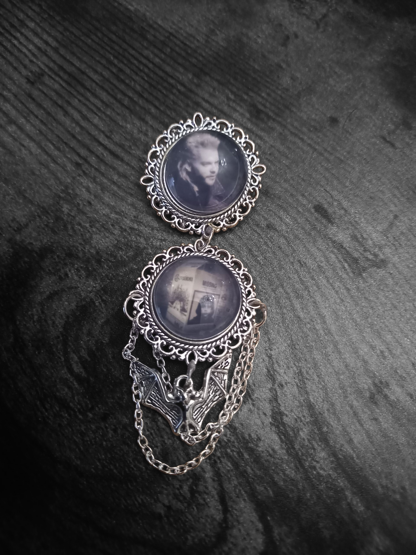 Oddity curiosity gothic witchy Killstar Horror Vampire "The lost Boys" double image ornate brooch with bat & chains
