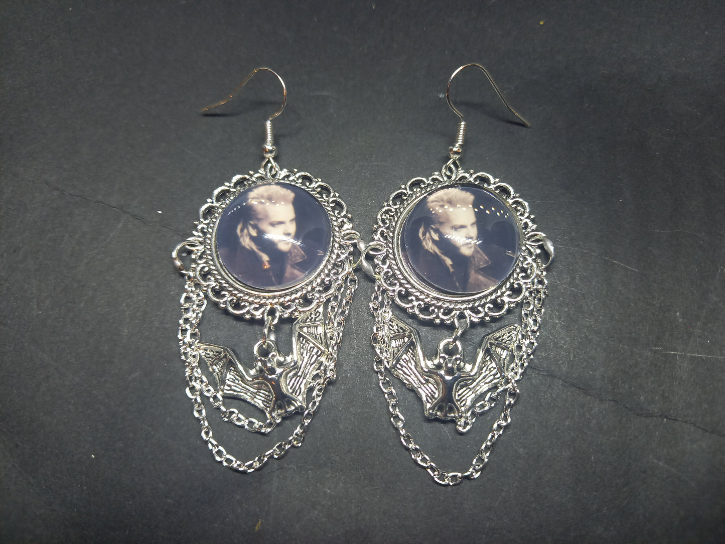 Oddity curiosity gothic witchy Killstar Horror Vampire "The lost Boys" ornate earrings with bat & chains