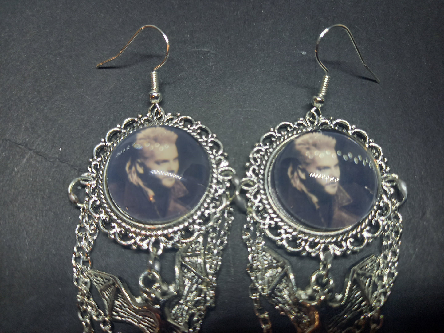 Oddity curiosity gothic witchy Killstar Horror Vampire "The lost Boys" ornate earrings with bat & chains