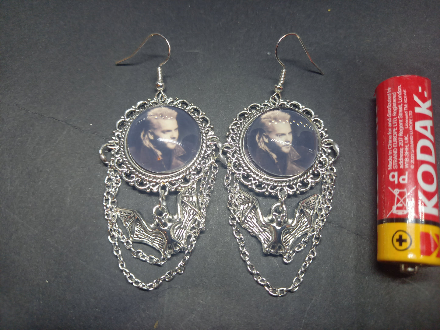 Oddity curiosity gothic witchy Killstar Horror Vampire "The lost Boys" ornate earrings with bat & chains