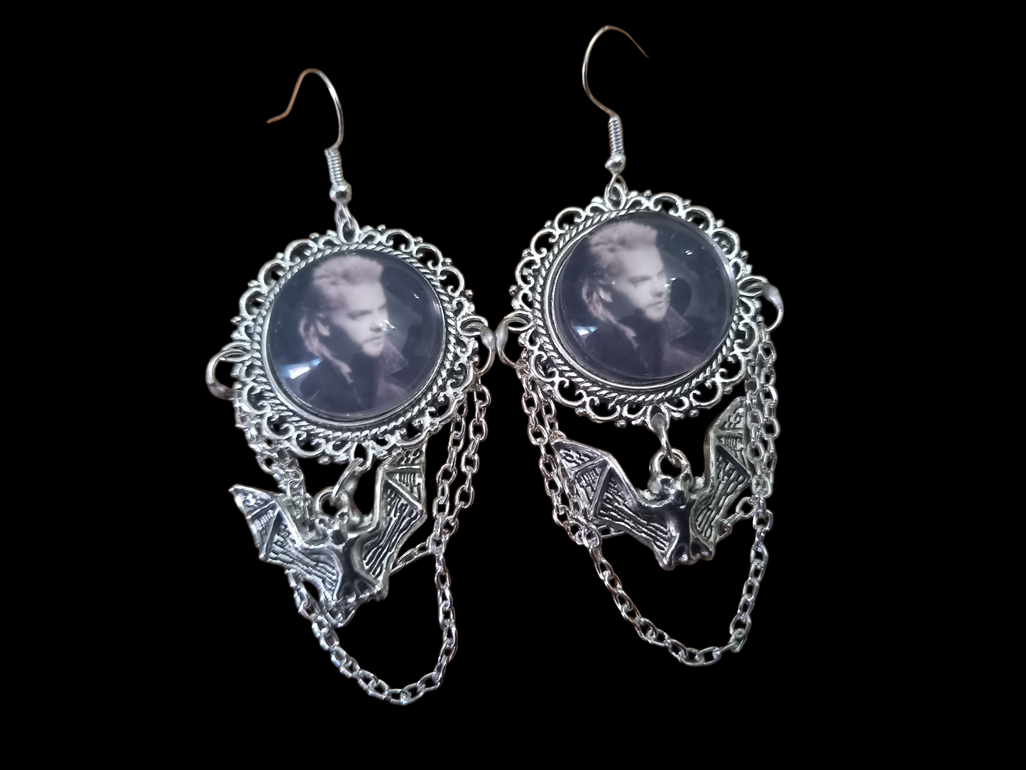 Oddity curiosity gothic witchy Killstar Horror Vampire "The lost Boys" ornate earrings with bat & chains