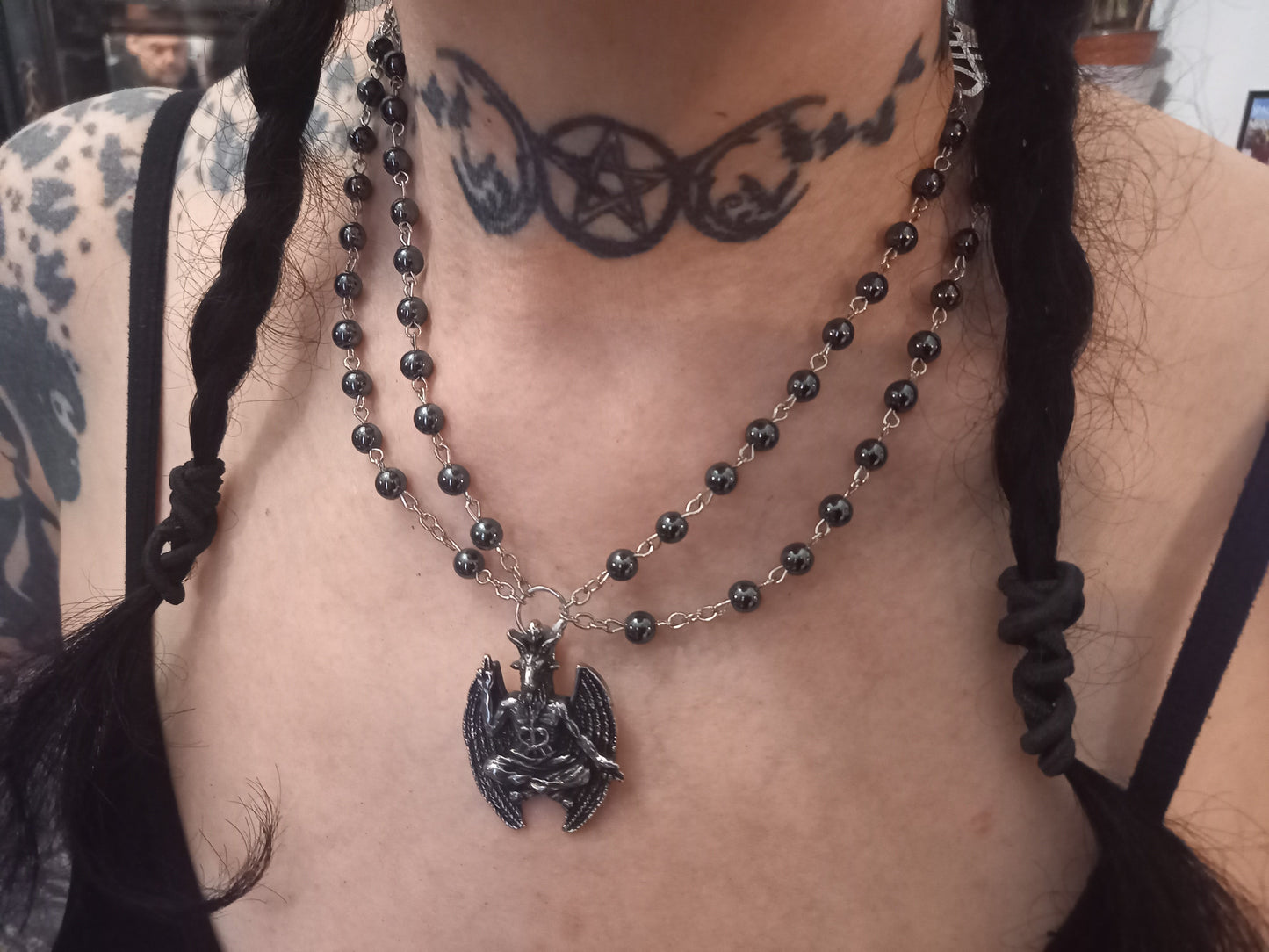 Goth Gothic Witchy Satanic Occult " Stainless steel Baphomet with two Cross of Satan/Leviathan Cross details" double layer rosary
