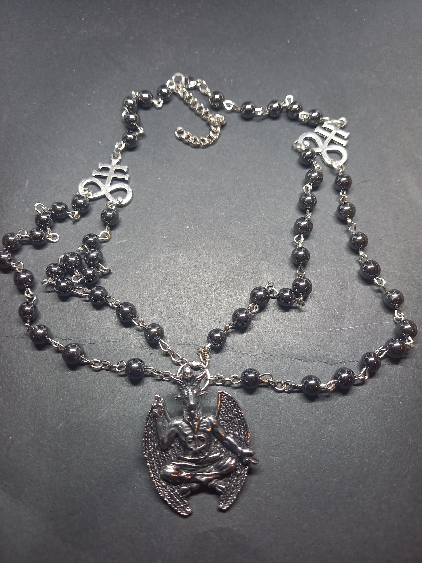 Goth Gothic Witchy Satanic Occult " Stainless steel Baphomet with two Cross of Satan/Leviathan Cross details" double layer rosary