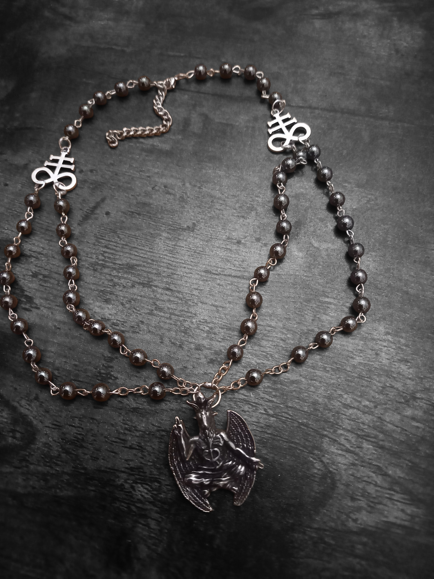 Goth Gothic Witchy Satanic Occult " Stainless steel Baphomet with two Cross of Satan/Leviathan Cross details" double layer rosary