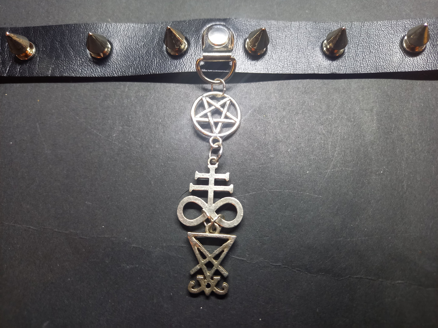 Goth Gothic Witchy fashion Occult satanic Pagan Wicca Black Faux Leather 10 spiked Collar with "Satanic Trinity"