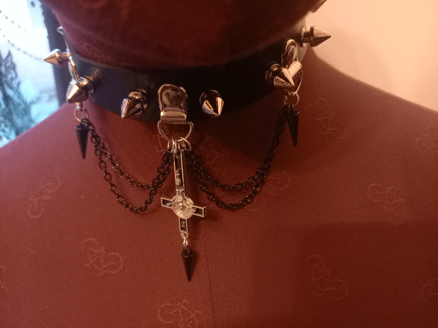 Goth Gothic Witchy Killstar Satanic Occult Black Faux Leather 10 spiked Collar "Inverted crucifix with chains and spikes"