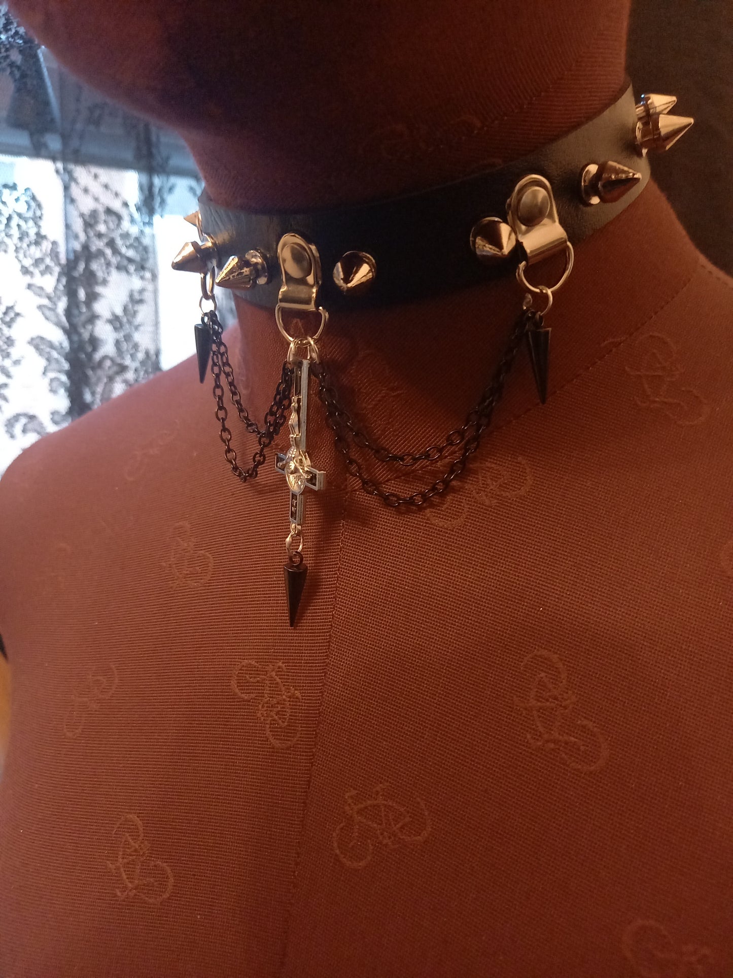 Goth Gothic Witchy Killstar Satanic Occult Black Faux Leather 10 spiked Collar "Inverted crucifix with chains and spikes"