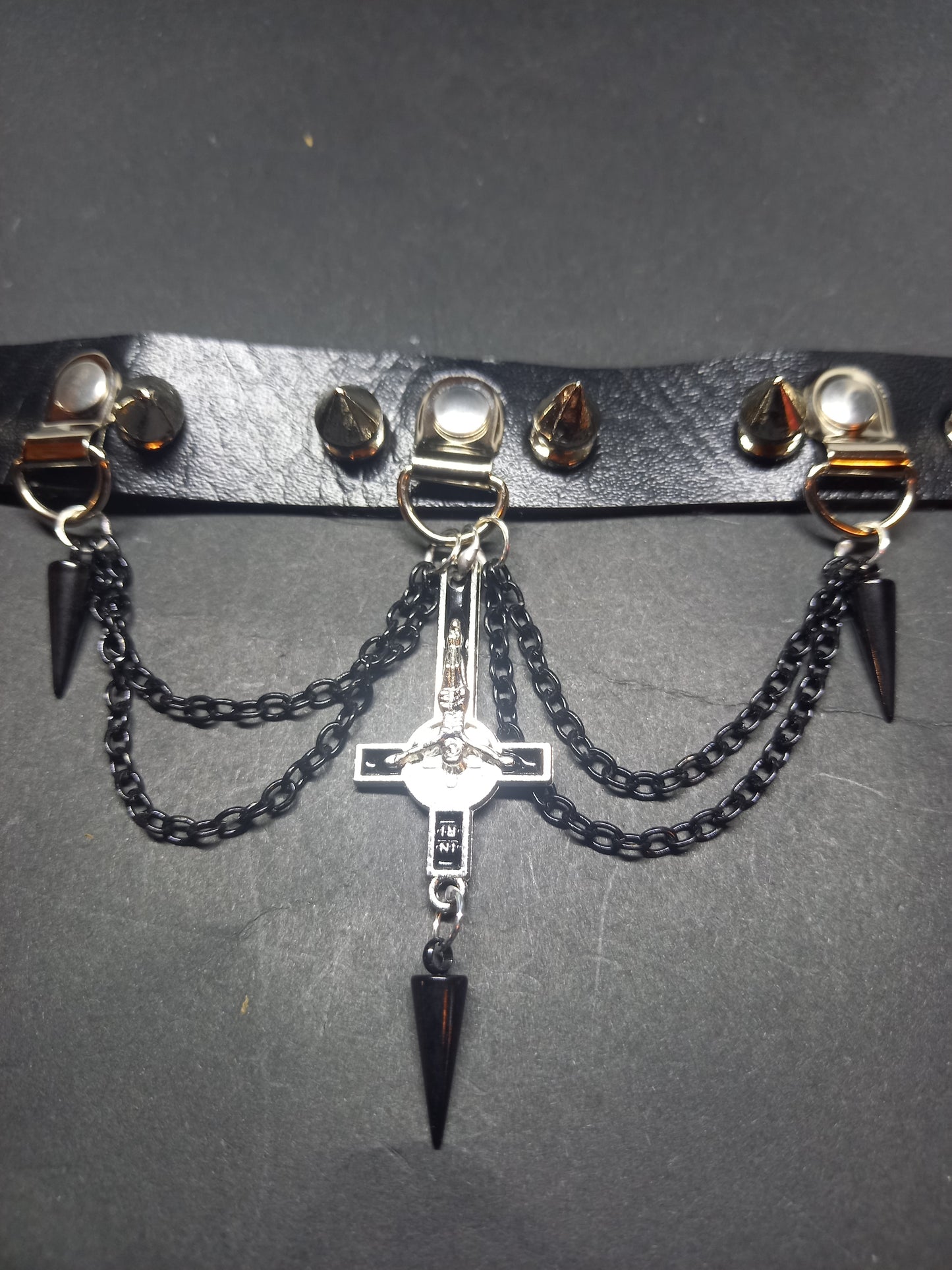Goth Gothic Witchy Killstar Satanic Occult Black Faux Leather 10 spiked Collar "Inverted crucifix with chains and spikes"