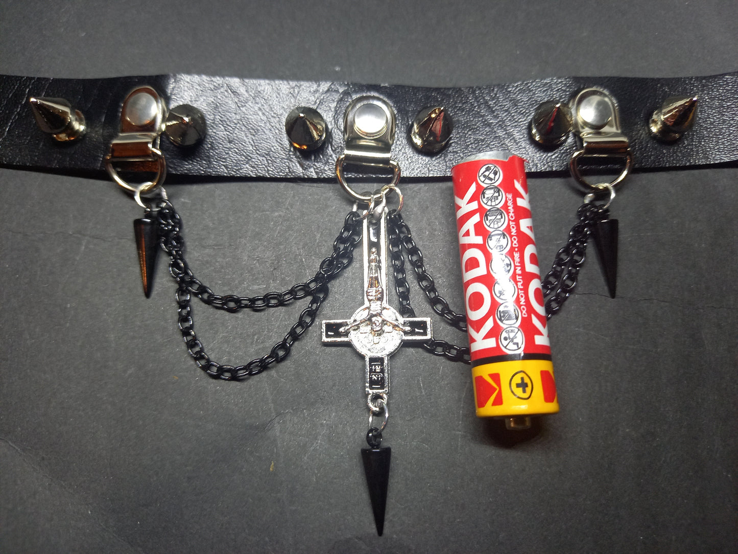 Goth Gothic Witchy Killstar Satanic Occult Black Faux Leather 10 spiked Collar "Inverted crucifix with chains and spikes"