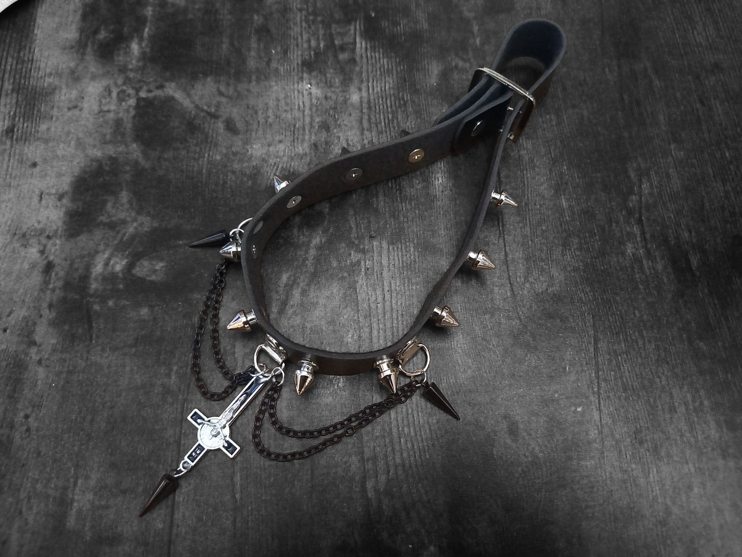 Goth Gothic Witchy Killstar Satanic Occult Black Faux Leather 10 spiked Collar "Inverted crucifix with chains and spikes"