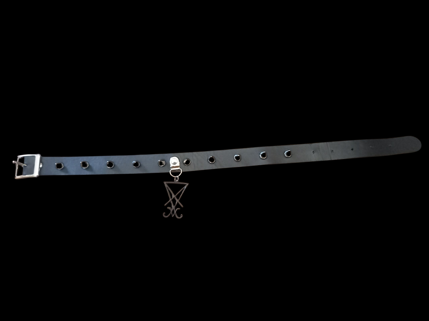 Goth Gothic Witchy fashion Occult satanic Pagan Wicca Black Faux Leather 10 spiked Collar with Black metal sigil of satan