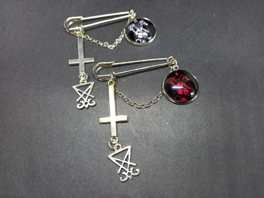 "Hail Satan / Ave Satanas" Baphomet ,sigil of satan and inverted cross with chain kilt pin brooch