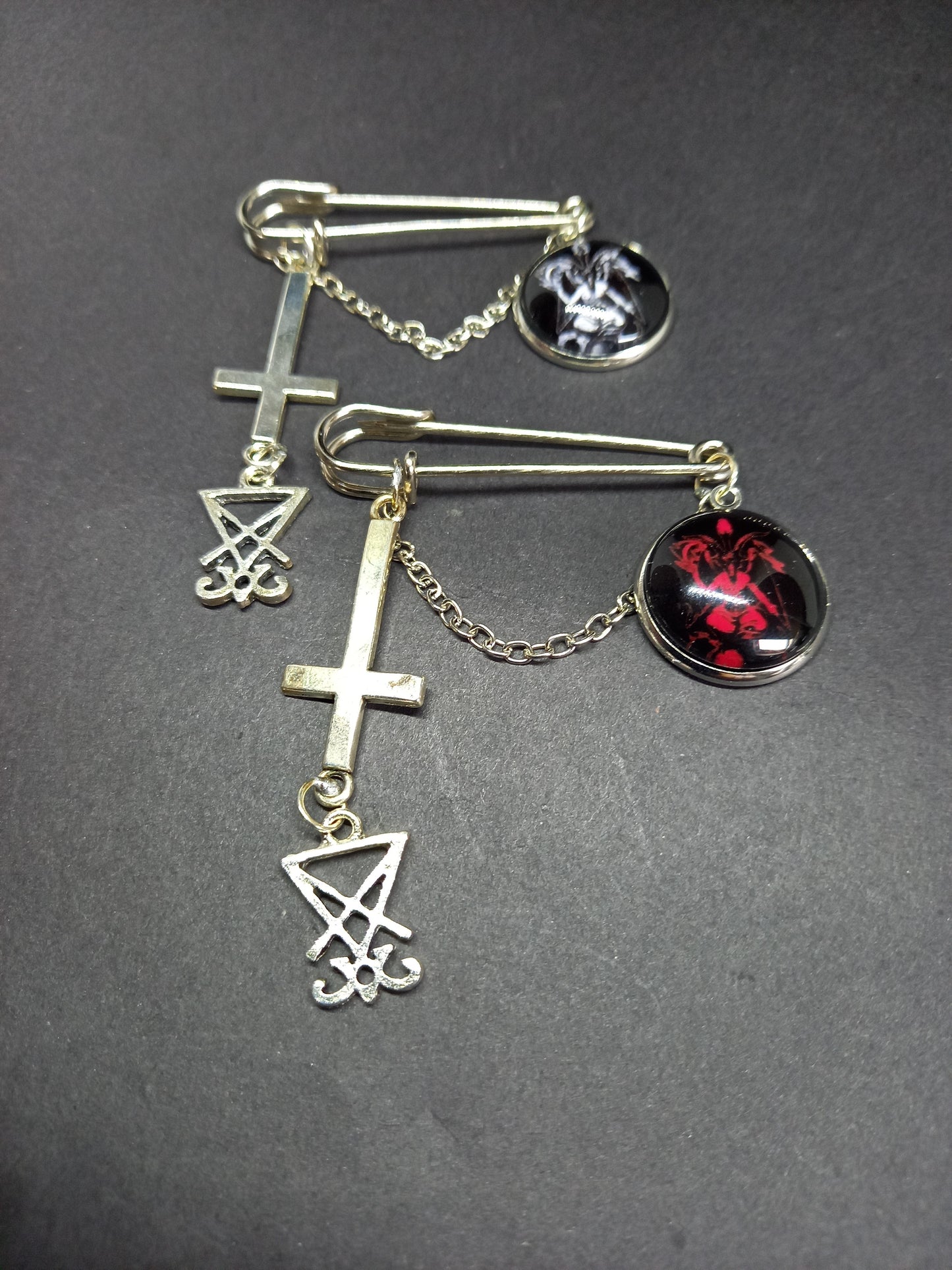 "Hail Satan / Ave Satanas" Baphomet ,sigil of satan and inverted cross with chain kilt pin brooch