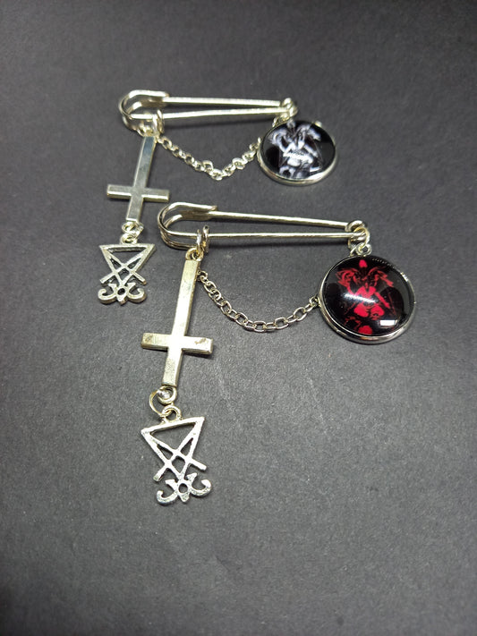 "Hail Satan / Ave Satanas" Baphomet ,sigil of satan and inverted cross with chain kilt pin brooch
