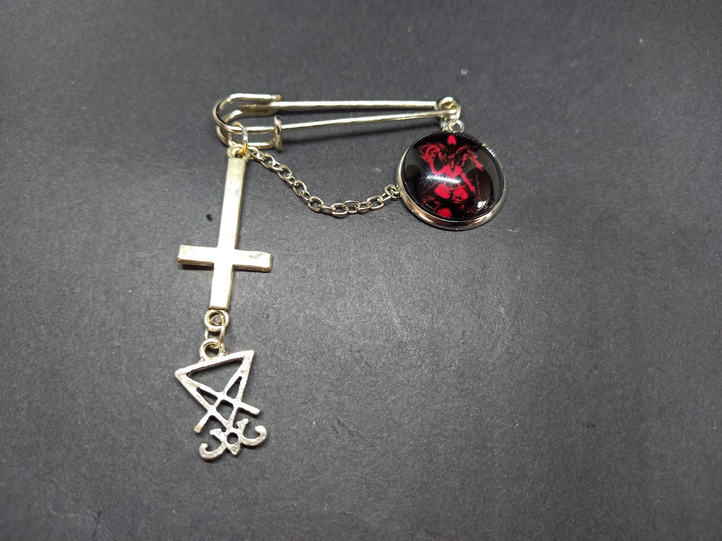 "Hail Satan / Ave Satanas" Baphomet ,sigil of satan and inverted cross with chain kilt pin brooch