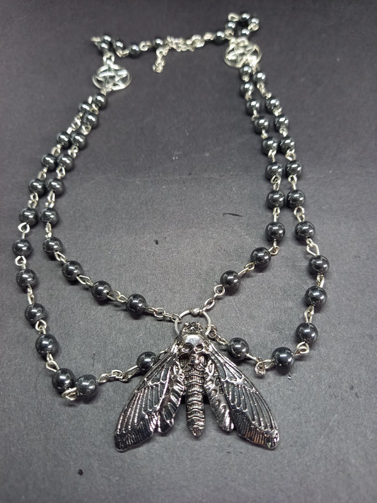 Witchcraft Pagan "Death head moth with pentagrams" double layer witch rosary