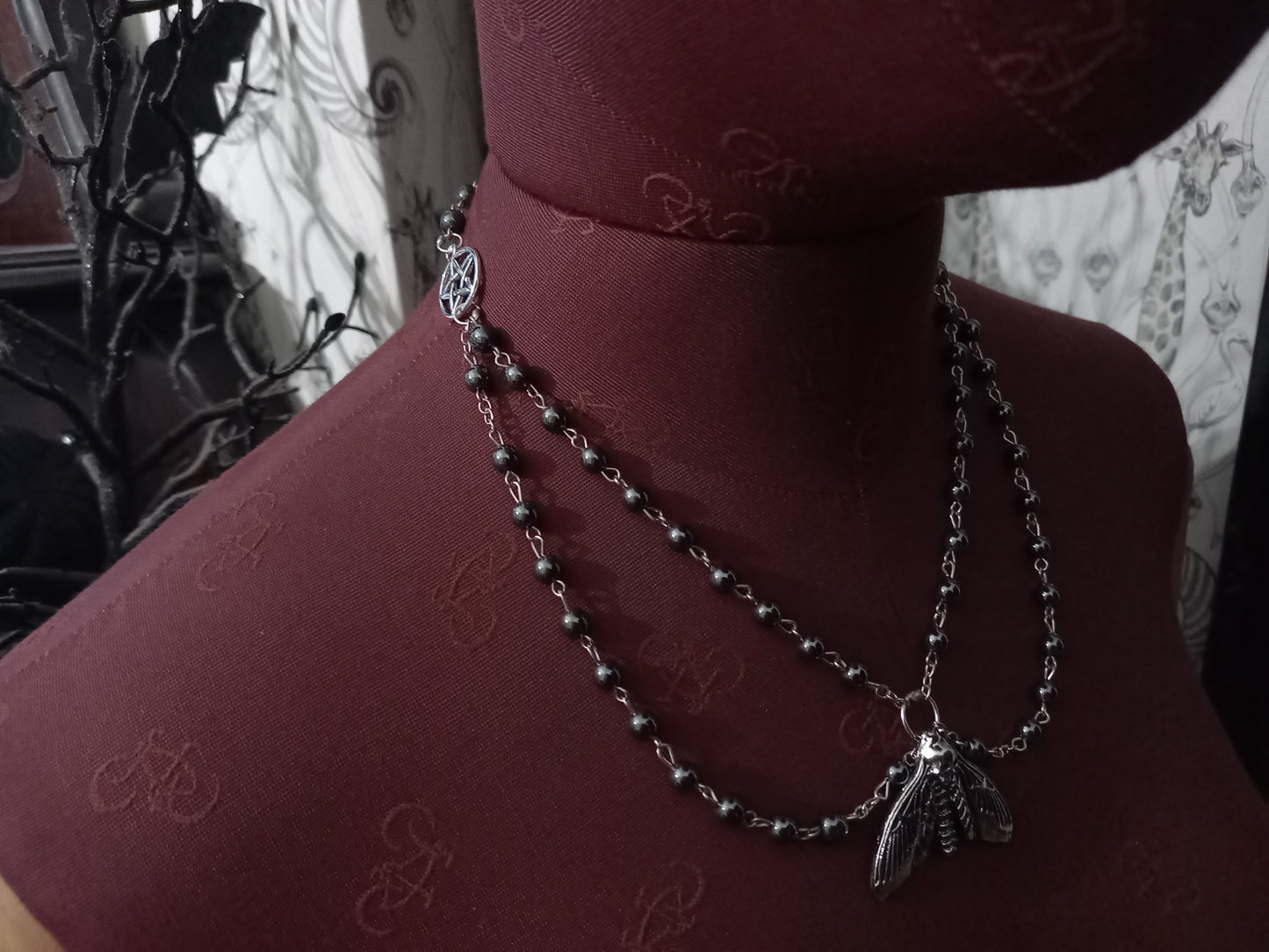 Witchcraft Pagan "Death head moth with pentagrams" double layer witch rosary