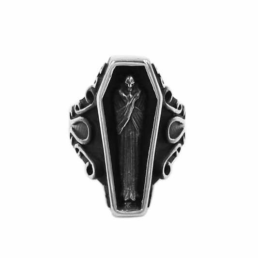 Witchy witch witchcraft vampire horror Succubus Nosferatu Undead Goth Gothic stainless steel coffin ring with corpse