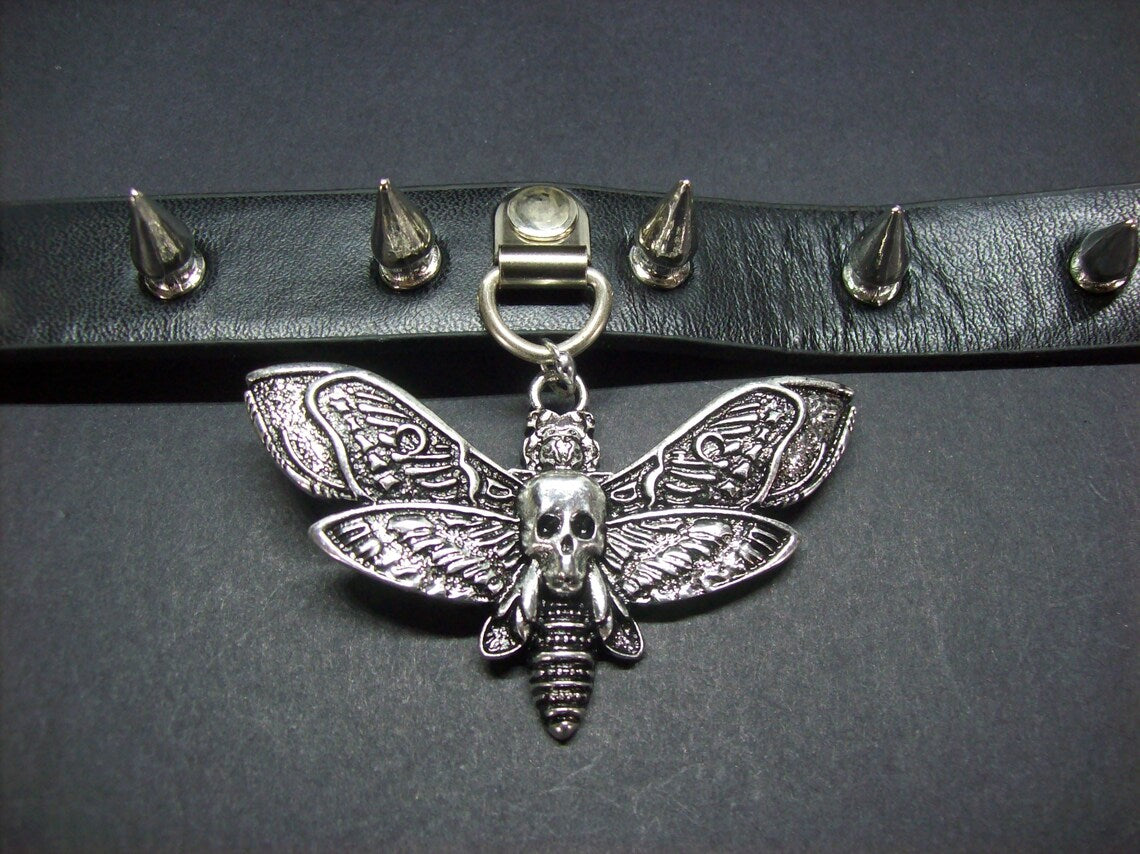 Kawaii Pastel Nu Goth Gothic Witchy witchcraft Occult Pagan Wicca Black Metal UNISEX Death Head Moth Black Faux Leather 10 Spiked Collar