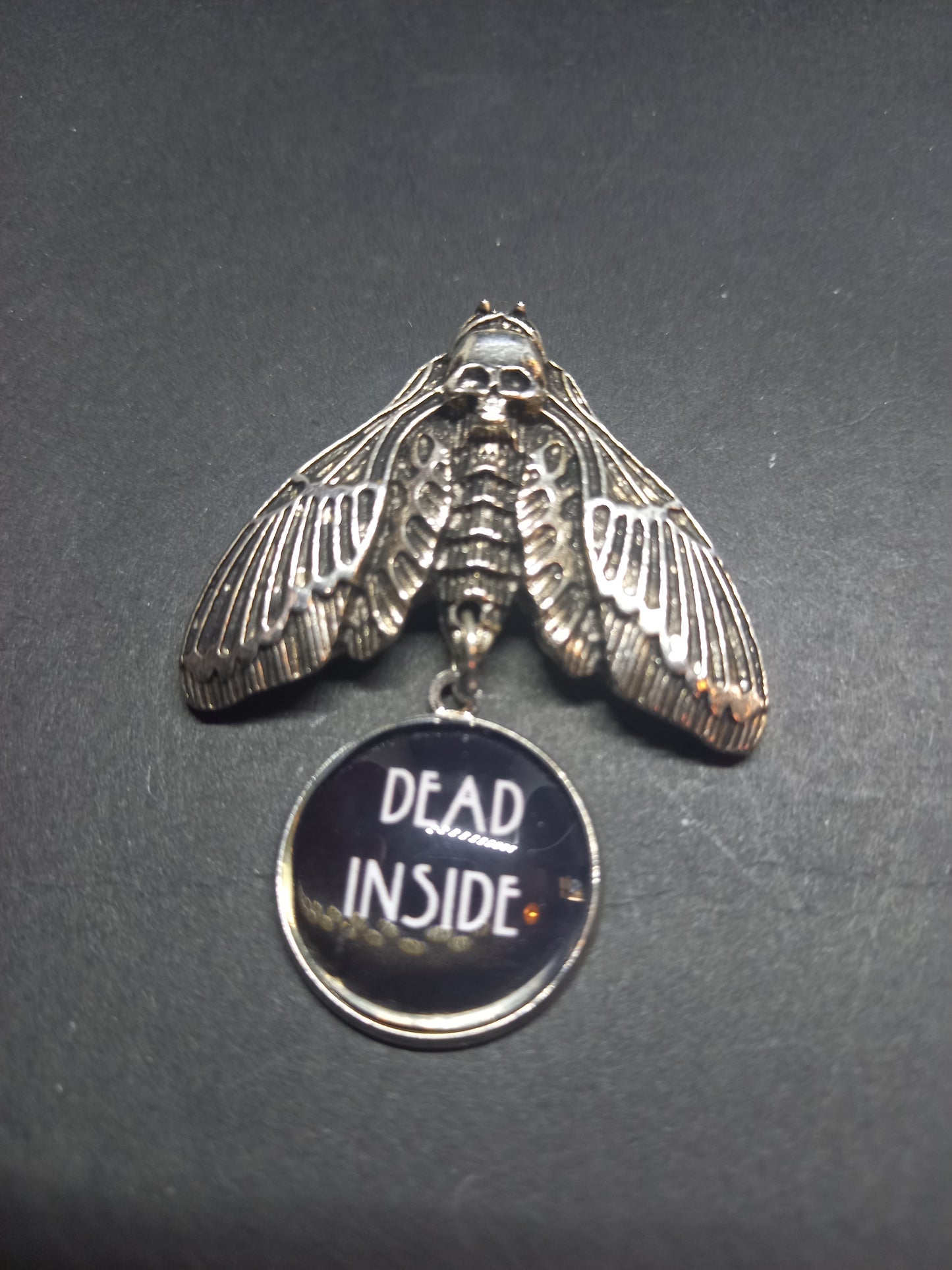Goth Gothic Witchy Occultist Satanic Pagan "Death head moth" detail metal pin badge/brooch V2with "Dead inside" detail