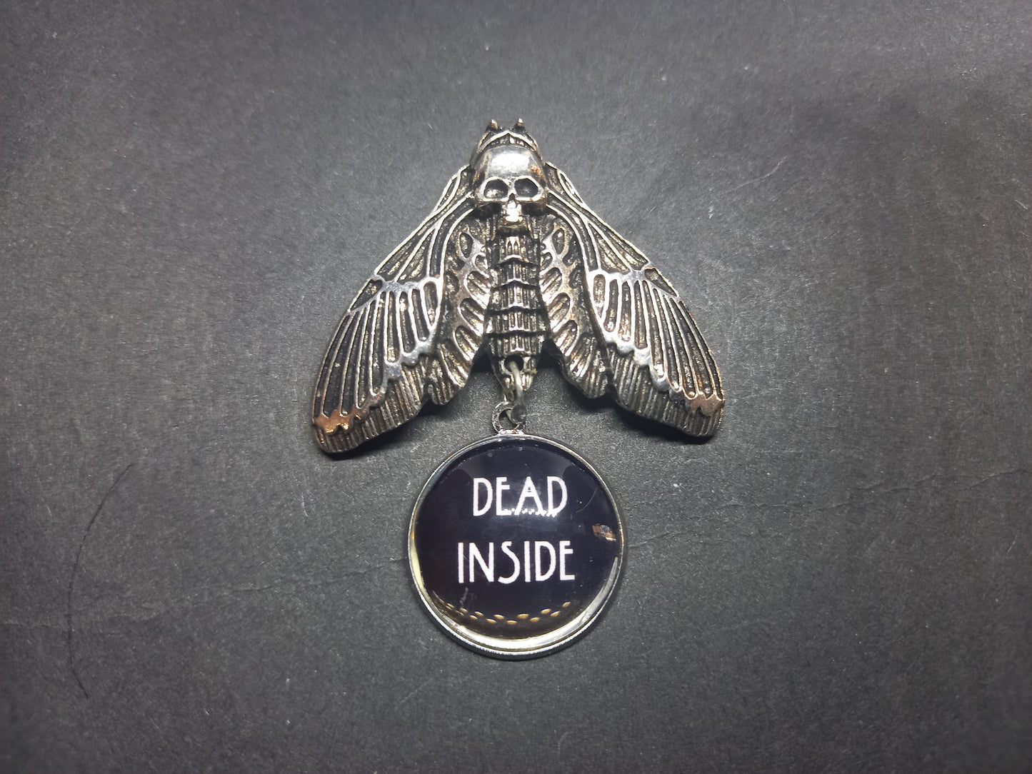Goth Gothic Witchy Occultist Satanic Pagan "Death head moth" detail metal pin badge/brooch V2with "Dead inside" detail
